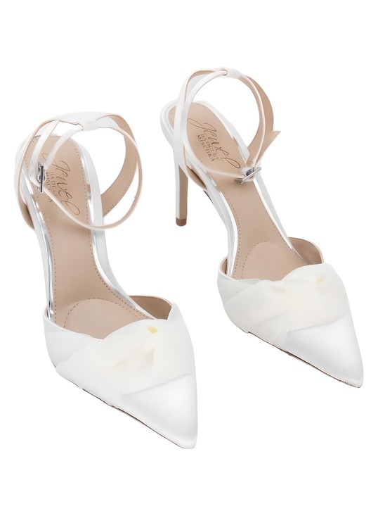 Jewel Badgley Mischka Shoes - Jewel Badgley Mischka Federica Ivory Satin Pointed Toe Ankle Strap Heels Size 5M